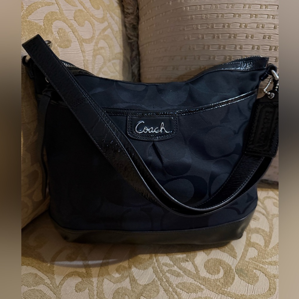 COACH Park Convert. Shoulder Bag Crossbody F19727 Black Canvas Patent Leather